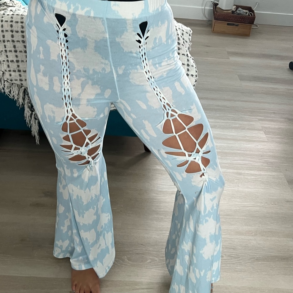 Cloud/ Pastel Blue and White Custom Tied Pants